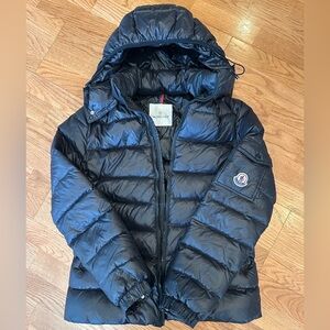 Black down filled puffer coat with removable hood